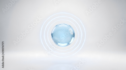 Abstract skincare serum globule with protective shield | 3D rendering of water molecule with energy rings | Minimalist cosmetic product concept for hydration | Scientific illustration of blue gel sphe