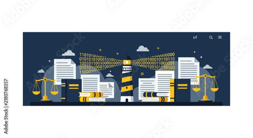 Lighthouse Projecting Binary Code Illustration for Digital Law, Data Compliance, and Cybersecurity Concept