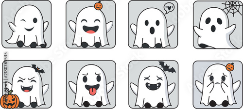 Cute Halloween Ghost Vector Icon Set  Funny and Scary Ghost Emotions in Flat Minimal Style.eps