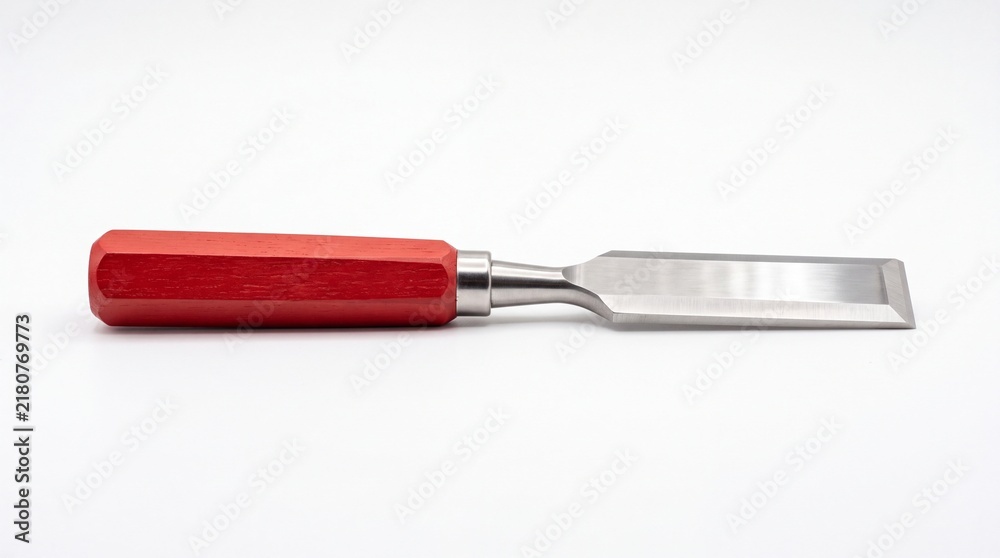 Obraz premium Professional woodworking chisel with red wooden handle and sharp steel blade displayed on white background