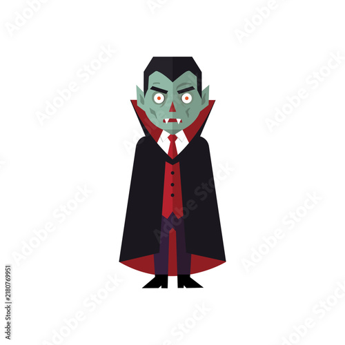 Flat Vector Illustration of Cartoon Vampire Character in Black Cape and Red Suit.eps