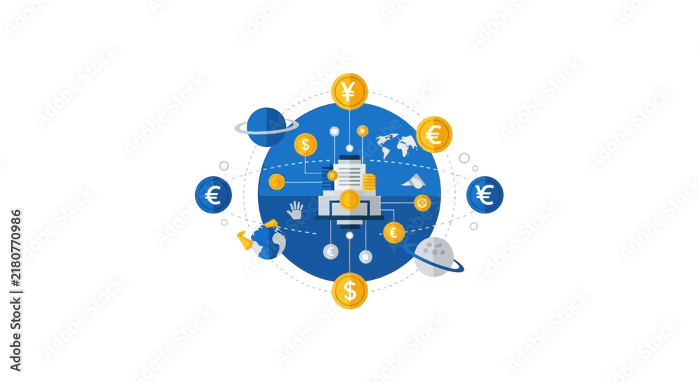 Fototapeta premium Global Financial Network Illustration with Currency Symbols and World Map