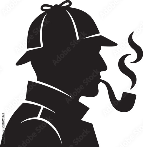 Black silhouette icon of a detective character wearing a deerstalker hat and smoking a pipe with swirling smoke, isolated on a white background, for mystery, investigation, also transparent background