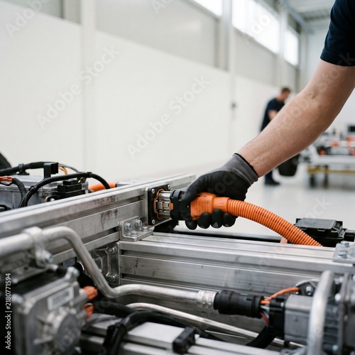 Automotive Technician Connecting High Voltage Orange Cable to Electric Vehicle Battery System on Assembly Line