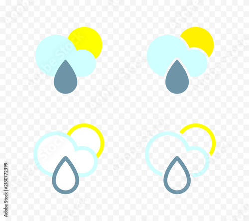 Set of weather icons showing rain and sun with clouds. Collection of simple graphic symbols representing meteorological conditions, including precipitation and sunshine