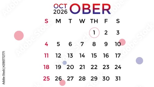 October 1, 2026 calendar in red and blue gradient colors on a white background