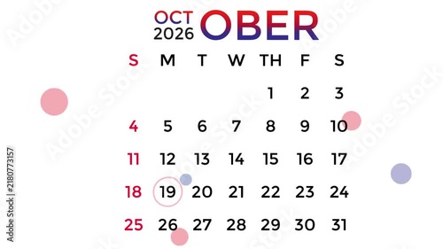 October 19, 2026 calendar in red and blue gradient colors on a white background