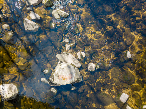 Obraz na płótnie Aerial top-down view of Murg River shallow clearwater and boulders in Murgtal -
