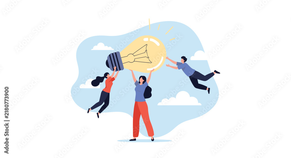 Fototapeta premium Creative teamwork concept with three business professionals holding a giant glowing light bulb in the sky.