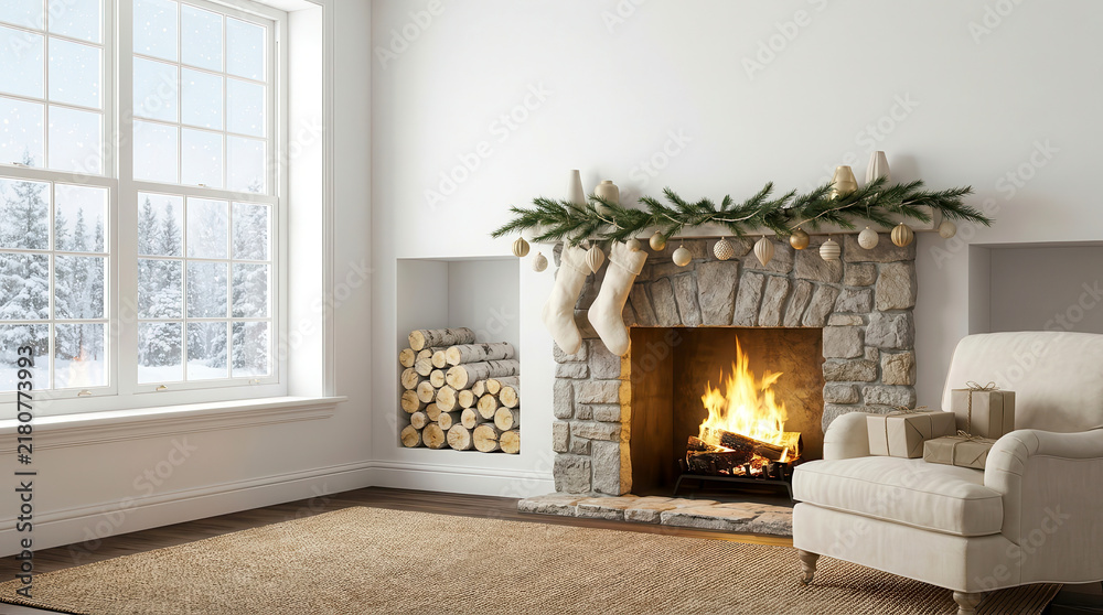 Fototapeta premium Cozy living room interior with a stone fireplace decorated for Christmas and a snowy window view