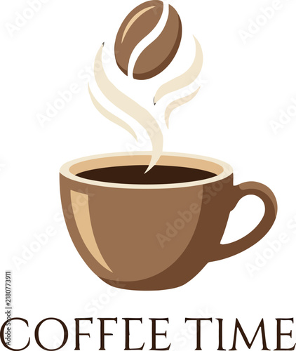 Coffee Time Logo Icon with a Steaming Ceramic Cup and Roasted Bean