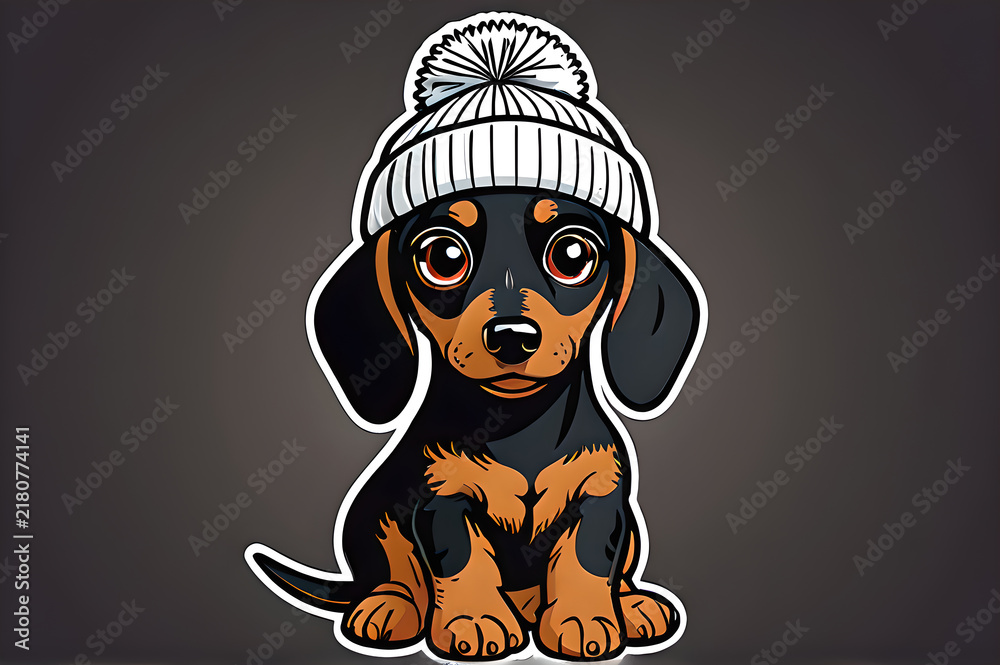 Fototapeta premium Cute kawaii dachshund puppy wearing a winter beanie hat vector sticker illustration