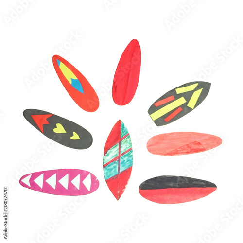 A set of surfboards made by multi color  torn paper.
