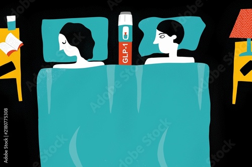 A couple in bed with a weight loss drug between them.