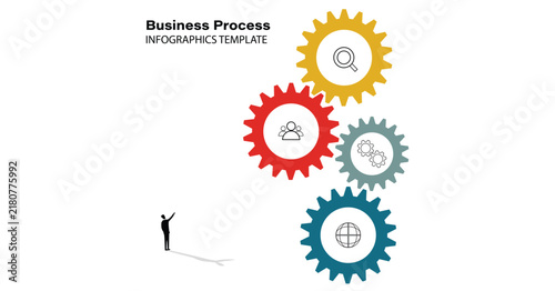 Business process infographics template EPS with colorful interlocking cogs and icons, for corporate presentation , isolated on transparent background