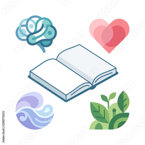 Open book with icons symbolizing mind heart and nature for holistic wellbeing.