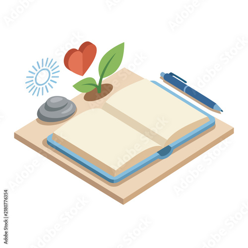 Open book plant heart sun pen and stones on wooden surface.