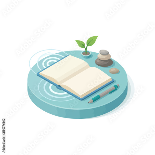 Open book pen plant and zen stones on a blue platform.