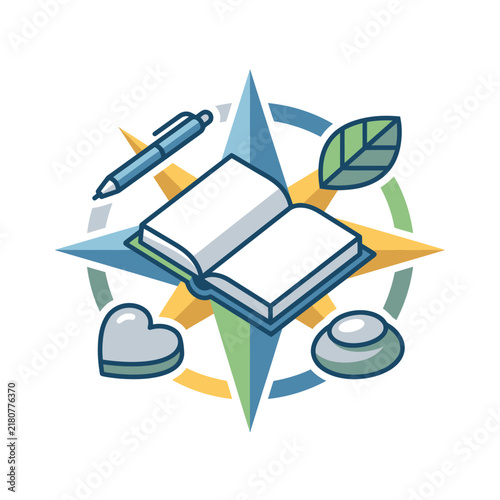 Open book with pen leaf heart and stone on a compass rose illustration.