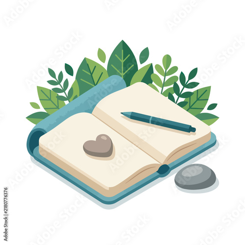 Open journal with a pen a heartshaped stone and natural leaves symbolizing reflection and nature.