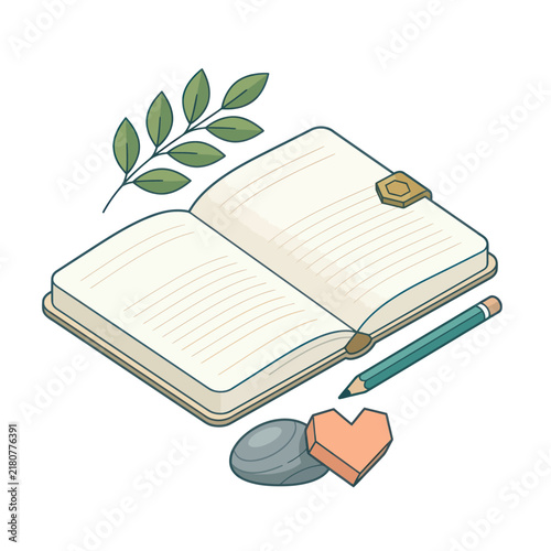 Open journal with pencil leaves heart and stone for reflection.