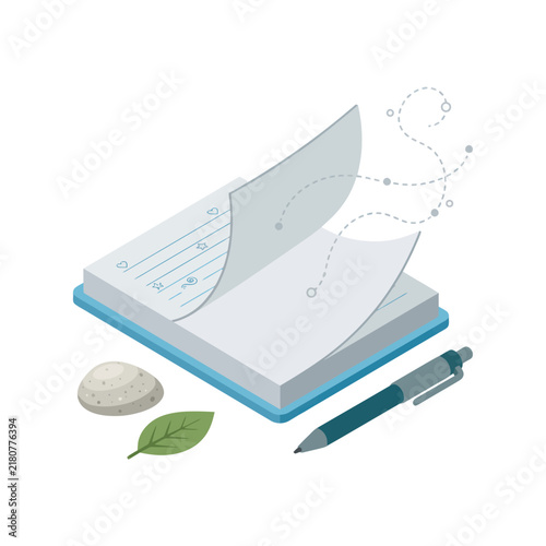 Open Book with Turning Pages Pen Leaf and Stone.