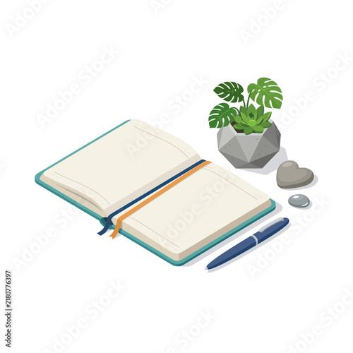 Open notebook pen potted plant and stones arranged on a flat surface in an isometric view.