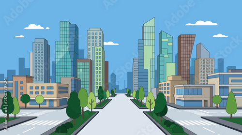 Modern Urban Cityscape Illustration With Skyscraper Buildings And Road