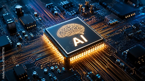 AI processor unit on circuit board, representing artificial intelligence and advanced computer technology.