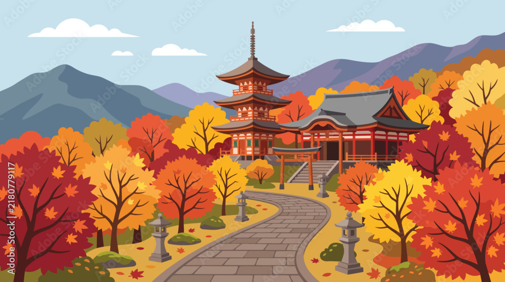 Obraz premium Japanese Temple Surrounded by Vibrant Autumn Foliage and Mountain Views