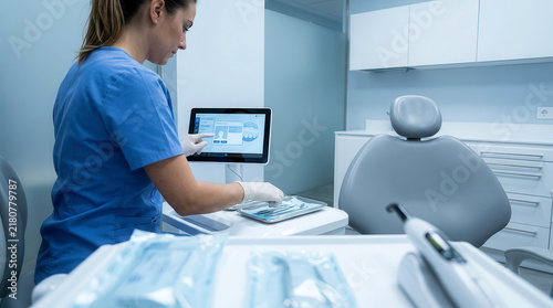 Female dentist in blue scrubs using a digital tablet in a modern dental clinic office