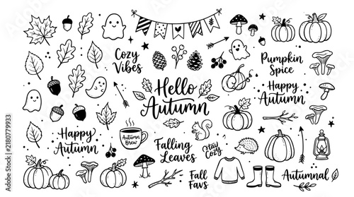 Hand-drawn autumn doodle set, black and white fall icons collection, cozy seasonal vector elements for scrapbooking and planners