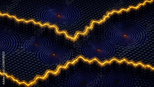 Gold circuit line texture abstract quantum mesh matrix pattern background with glowing yellow pulse signal close up view
