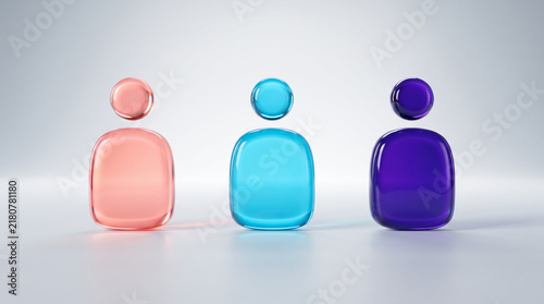 Three colorful glass human icons representing diversity and digital user profiles.