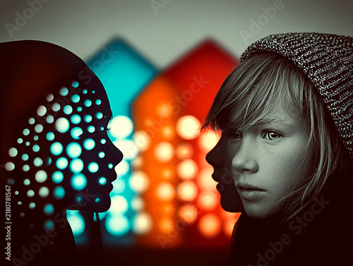 Conceptual portrait of a lonely child facing an illuminated AI companion or digital alter ego, depicting youth mental health, digital comfort, and social isolation.