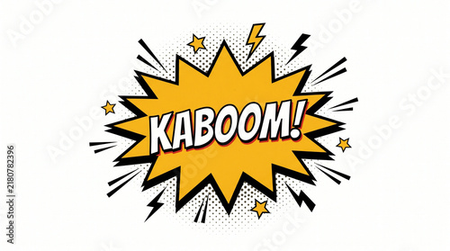 Comic book style Kaboom speech bubble with yellow starburst and lightning bolt elements