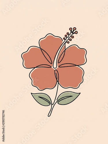 Hibiscus Flower Line Art with Minimalist Orange Petals and Simple Green Leaves