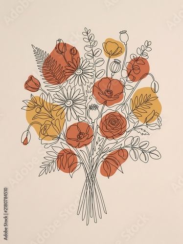 Bouquet of Wildflowers Line Art with Abstract Boho Shapes on a Neutral Background