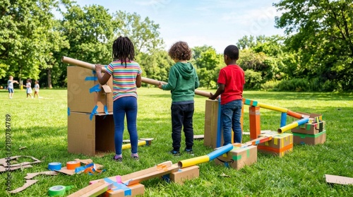 Diverse children building a DIY marble run track in a sunny park.