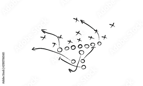 Hand drawn American football play diagram with player positions and movement arrows on a white background