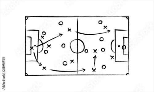 Hand drawn soccer tactics diagram on a whiteboard showing player positions and movement arrows for a game plan