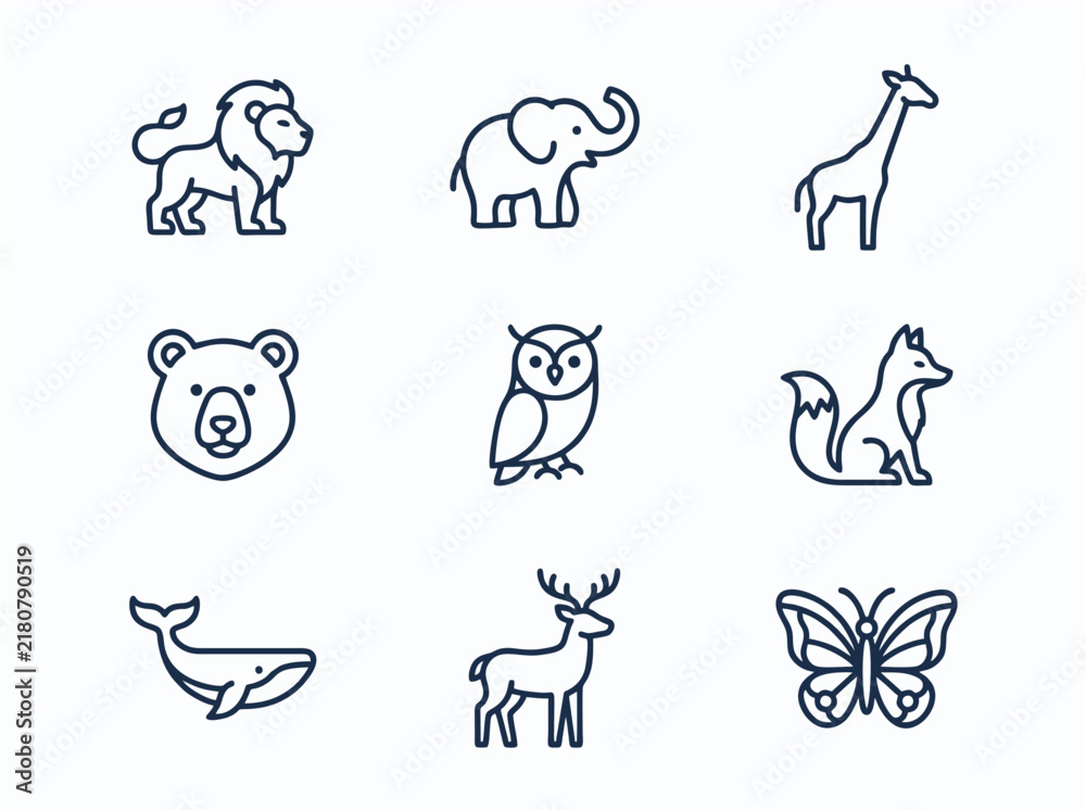 Obraz premium Wild Animals and Sea Creatures Hand Drawn Outline Vector Icon Collection