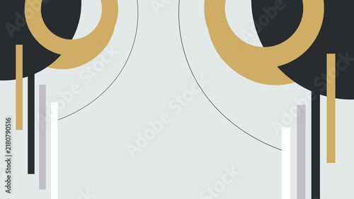 Elegant geometric background with gold and black circular arcs and vertical bar elements on a soft light grey surface for luxury branding and sophisticated stationery