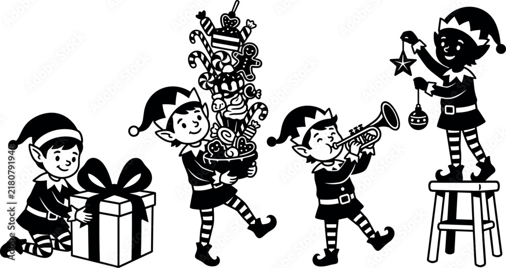 Naklejka premium Elves Celebrating with Gifts, Candy Canes, and Musical Instruments