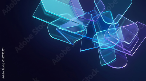 Abstract background with glowing blue and purple geometric shapes and digital light lines on a dark surface