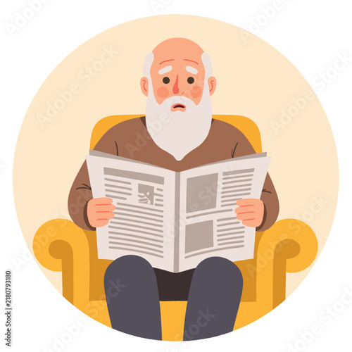 Elderly man sitting and reading a newspaper in a cozy armchair. Elderly set  
