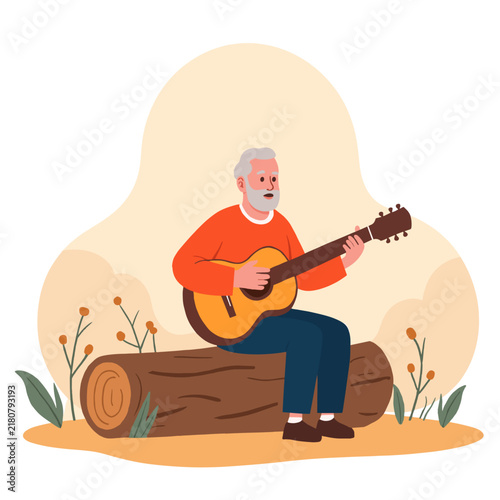Older man playing guitar while sitting on a log in a natural setting. Elderly set  