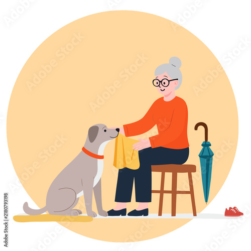 Elderly woman sitting on stool and playing with her dog at home. Elderly set  