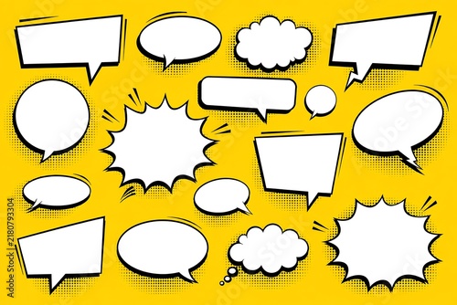 Retro comic book speech bubbles collection on yellow background with halftone patterns and various shapes for creative storytelling and graphic design projects.