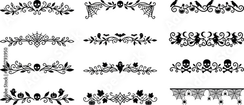 Creepy black scrollwork page separators featuring skulls, witches, and ghosts